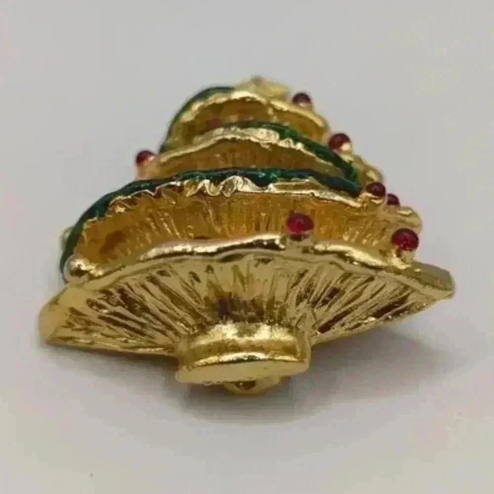 Vintage Brooch Gold Tone Holiday Christmas Tree Pin Brooch Green Red Enamel C60 - Picture 6 of 11